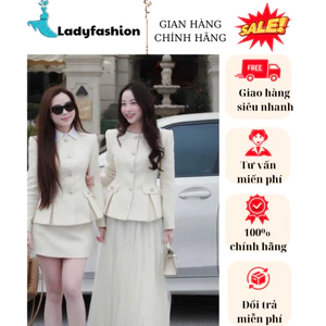 Set váy dạ tweed , chân váy ngắn sang trọng , Set váy dạ tweed nữ cao cấp màu kem, áo vest peplum + chân váy lưới dài