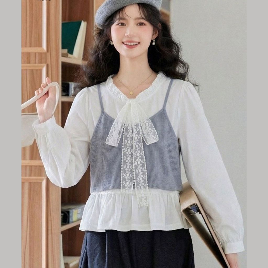 Áo Gile Nữ 2 Lớp Rời Phối Sơ Mi Bèo Ren Nơ – Set Ghi Lê Ruby Xinh Xắn Bigsize Nữ 55–92kg A347