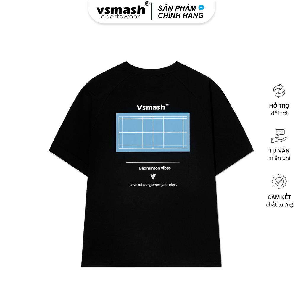 Áo Thun Cầu Lông Unisex Vsmash Sportwear–In lụa "Blue Court" – Vải Bông Em Bé Mềm Mịn Cao Cấp, Thoáng Mát, Thấm hút tốt