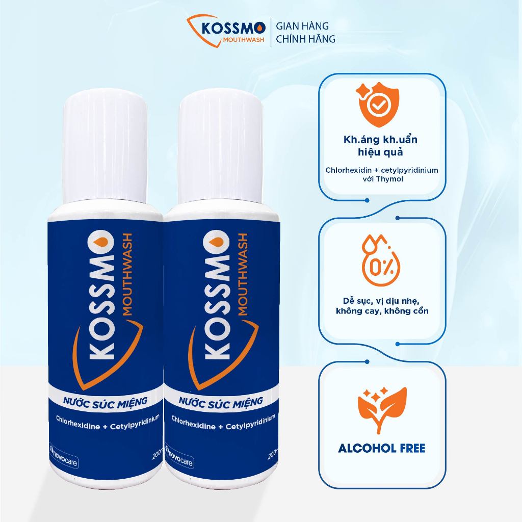 Combo 2 chai nước súc miệng Kossmo làm sạch, giúp kháng khuẩn, hỗ trợ ngừa sâu răng, viêm lợi, loét miệng