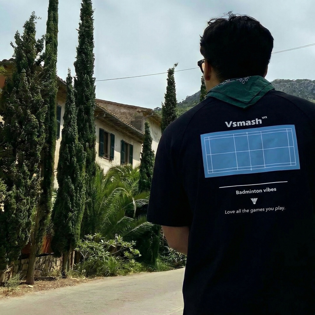 Áo Thun Cầu Lông Unisex Vsmash Sportwear–In lụa "Blue Court" – Vải Bông Em Bé Mềm Mịn Cao Cấp, Thoáng Mát, Thấm hút tốt