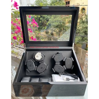 Hộp 6 xoay đồng hồ cơ 6 tĩnh - Vỏ Gỗ -Vỏ da vân cá sấu - 4 chế độ xoay có đèn led - Mở lắp tự dừng