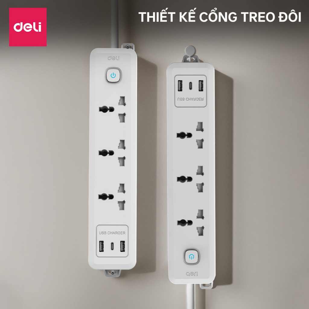 [HỎA TỐC] Ổ Điện Deli 2026 Ổ Cắm Điện Đa Năng Để Bàn Mẫu Mới Công Suất 2500W, Thông Minh Tích Hợp Cổng USB