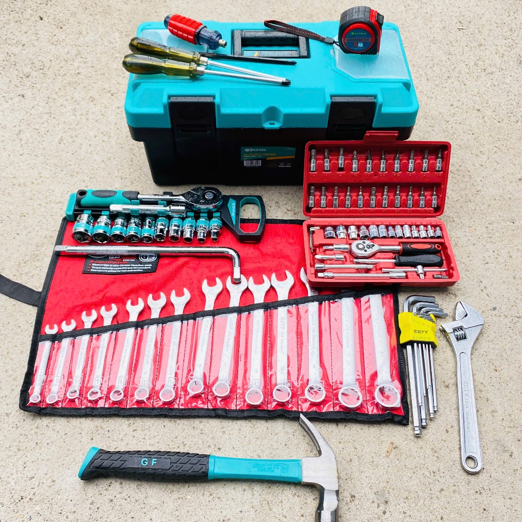 Combo 12 món (89pcs) đồ sửa chữa xe máy, máy móc: hộp đựng đồ, cle, mỏ lết, lục giác, tuýp, tô vít.. CM89pcs