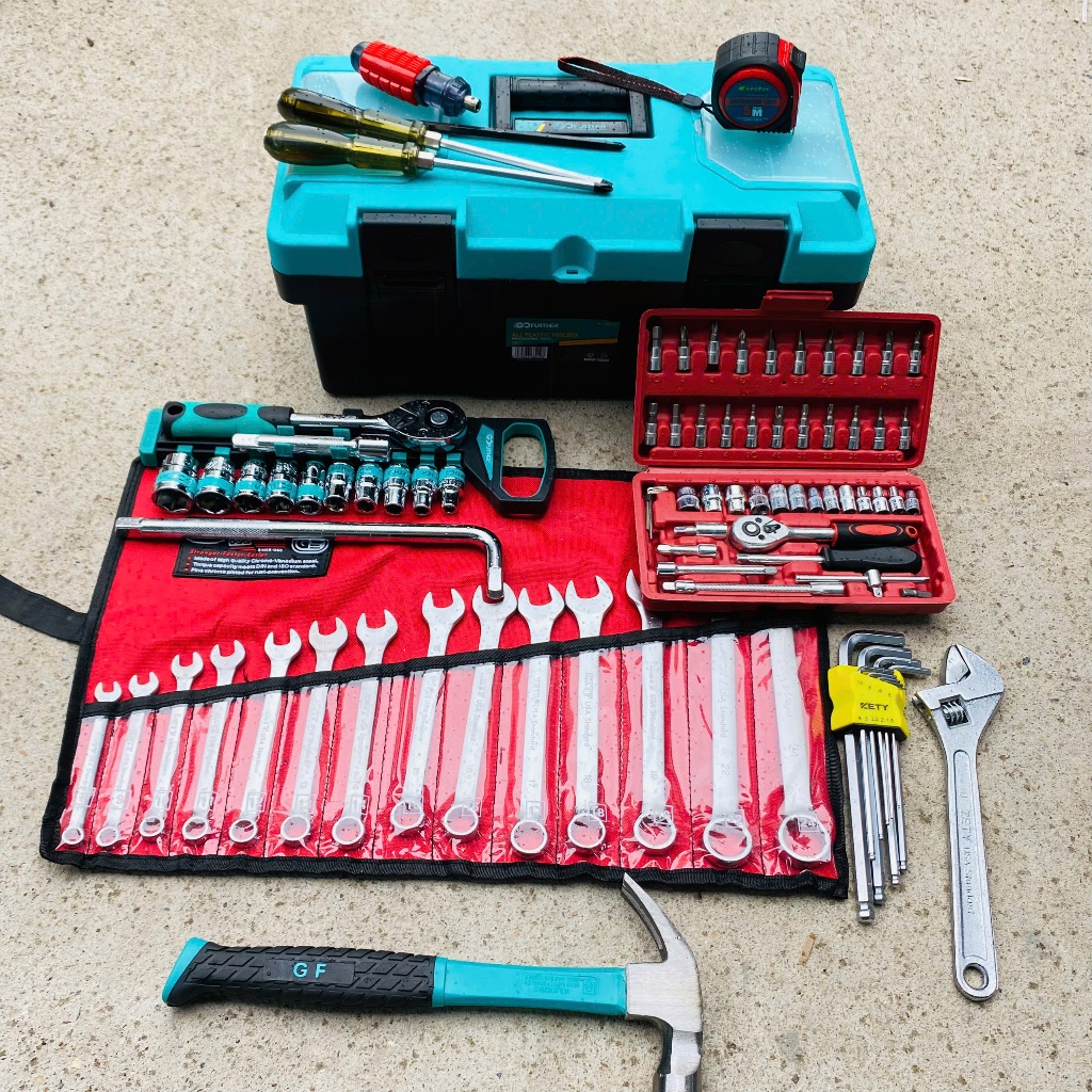 Combo 12 món (89pcs) đồ sửa chữa xe máy, máy móc: hộp đựng đồ, cle, mỏ lết, lục giác, tuýp, tô vít.. CM89pcs