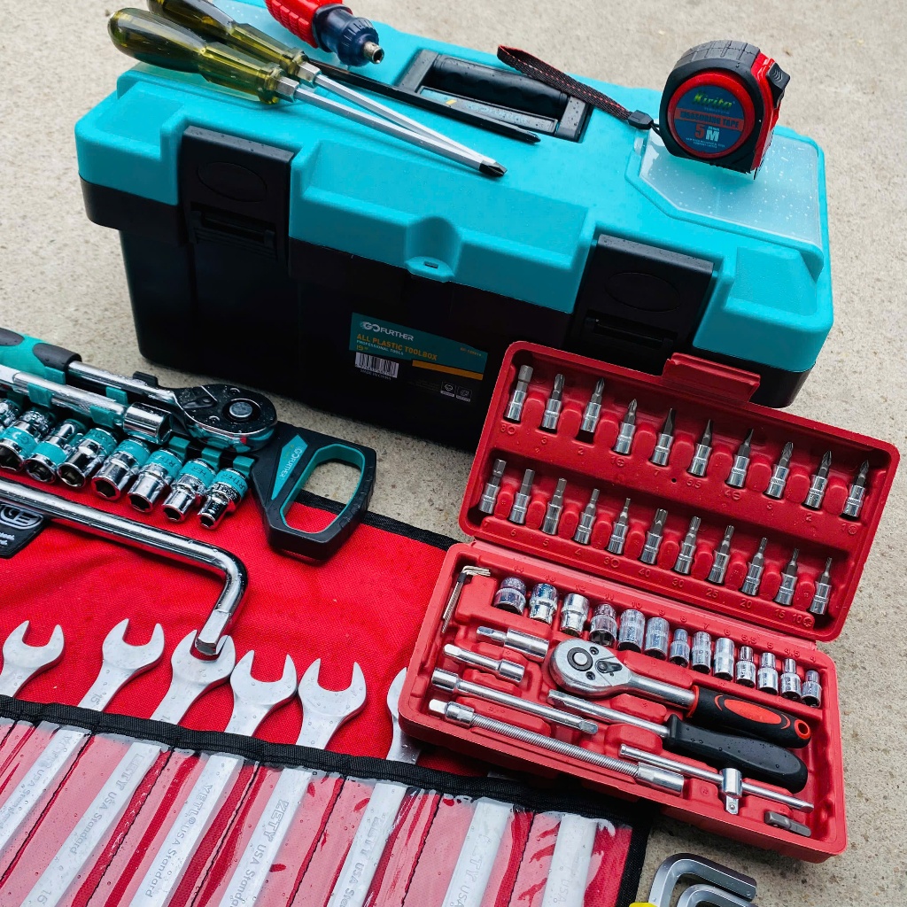 Combo 12 món (89pcs) đồ sửa chữa xe máy, máy móc: hộp đựng đồ, cle, mỏ lết, lục giác, tuýp, tô vít.. CM89pcs
