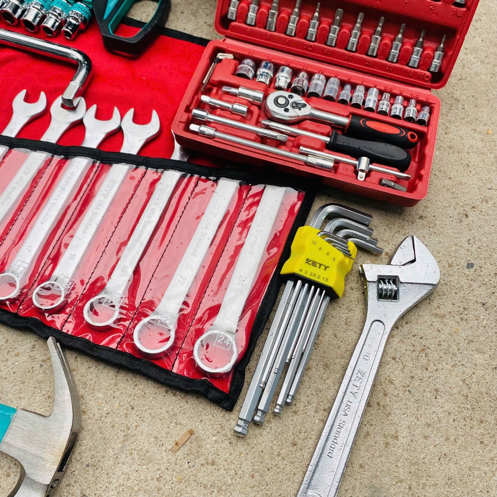 Combo 12 món (89pcs) đồ sửa chữa xe máy, máy móc: hộp đựng đồ, cle, mỏ lết, lục giác, tuýp, tô vít.. CM89pcs