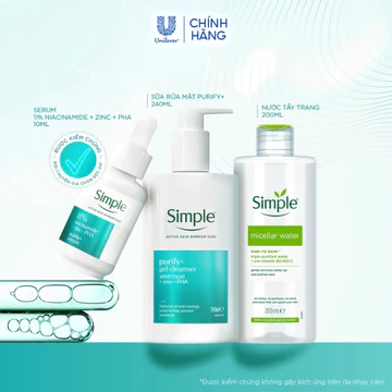 [Live Hannah][MỚI]Combo bộ 3 Simple-Nước Tẩy Trang200ml,Sữa Rửa Mặt 240ml&Serum 10ml Purify+Kiềm Dầu,Giảm Mụn Sau 7 Ngày