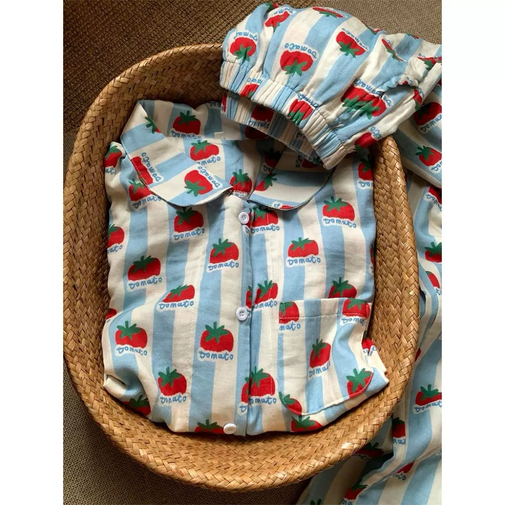 Bộ Đồ Ngủ Cà Chua Nữ Pijama Dài Tay Quần Dài, Cotton Pha Mềm, Họa Tiết Dễ Thương