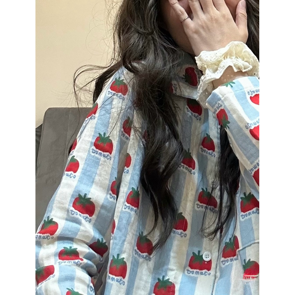Bộ Đồ Ngủ Cà Chua Nữ Pijama Dài Tay Quần Dài, Cotton Pha Mềm, Họa Tiết Dễ Thương