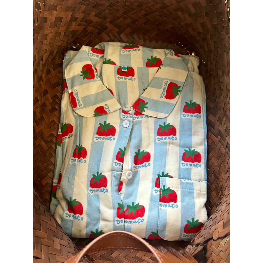 Bộ Đồ Ngủ Cà Chua Nữ Pijama Dài Tay Quần Dài, Cotton Pha Mềm, Họa Tiết Dễ Thương