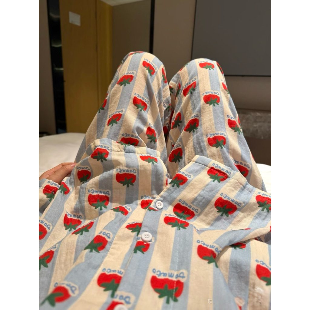 Bộ Đồ Ngủ Cà Chua Nữ Pijama Dài Tay Quần Dài, Cotton Pha Mềm, Họa Tiết Dễ Thương