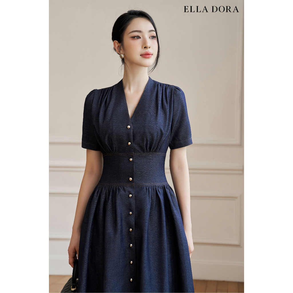Đầm cổ V ELLA DORA form ôm rúm eo thiết kế dáng dài thanh lịch sang trọng màuXANH ĐẬM [D239]