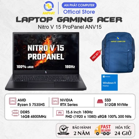 Laptop Acer Gaming Nitro V 15 ProPanel ANV15-41-R9M1 NH.QPFSV.004, Ryzen 5 7535HS, RTX 3050 6GB, 15.6 FHD 180Hz, Win11