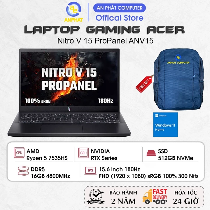 Laptop Acer Gaming Nitro V 15 ProPanel ANV15-41-R9M1 NH.QPFSV.004, Ryzen 5 7535HS, RTX 3050 6GB, 15.6 FHD 180Hz, Win11