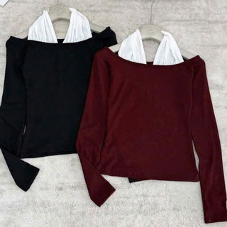 Áo thun zip chất mềm dày dặn Phối Cổ Yếm Chéo Thiết Kế Trễ Vai Xinh