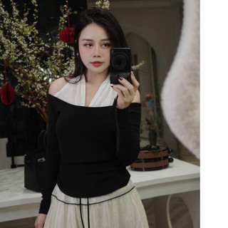 Áo thun zip chất mềm dày dặn Phối Cổ Yếm Chéo Thiết Kế Trễ Vai Xinh