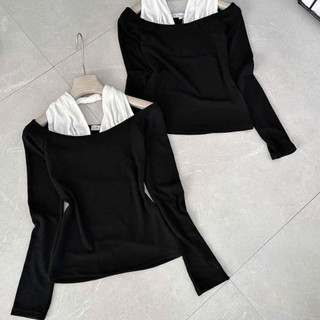 Áo thun zip chất mềm dày dặn Phối Cổ Yếm Chéo Thiết Kế Trễ Vai Xinh