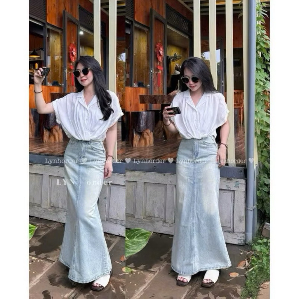 Chân váy jeans nữ đuôi cá dáng dài denim xẻ sau ~94cm