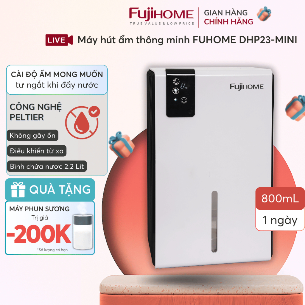 Máy hút ẩm mini chống ồn FUJIHOME DHP23-MINI, máy khử ẩm không khí mini cho phòng làm việc