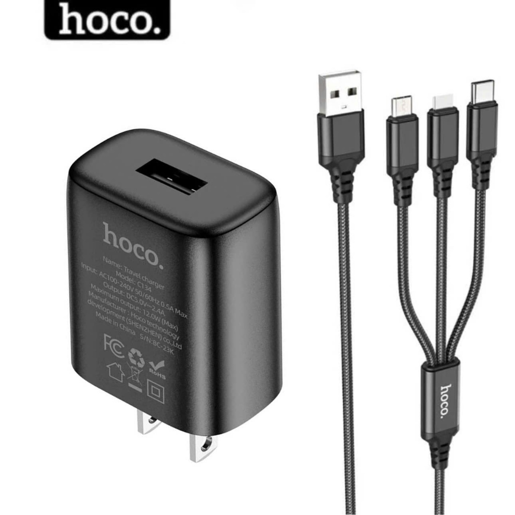 Combo củ và dây sạc 3in1 Hoco cục sạc usb nhỏ gọn chống cháy nổ cáp 3 đầu dùng cho phone samsung xiaomi oppo ...