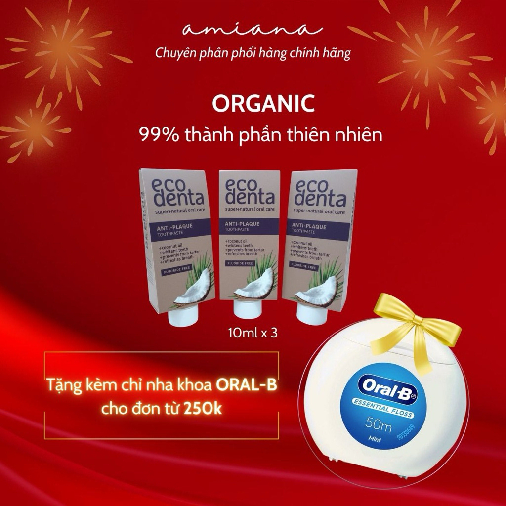 [Quà tặng đơn từ 250.000vnd]🦷 COMBO 3 KEM ĐÁNH RĂNG HỮU CƠ MINI ECODENTA COCONUT 10 ML 🌴