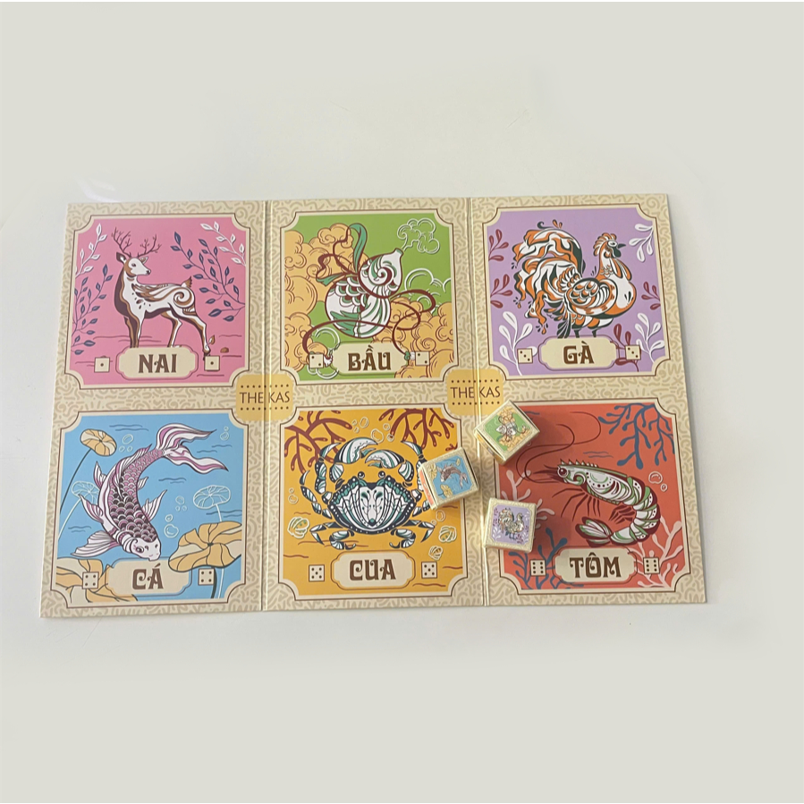 Bộ Bầu Cua Tôm Cá Pastel Giấy Cứng Kèm Xúc Xắc Chơi Tết Gia Đình MaSoi SG
