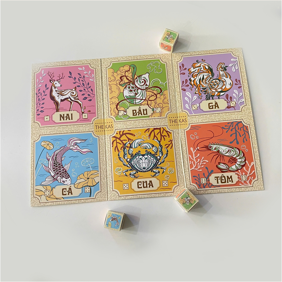 Bộ Bầu Cua Tôm Cá Pastel Giấy Cứng Kèm Xúc Xắc Chơi Tết Gia Đình MaSoi SG