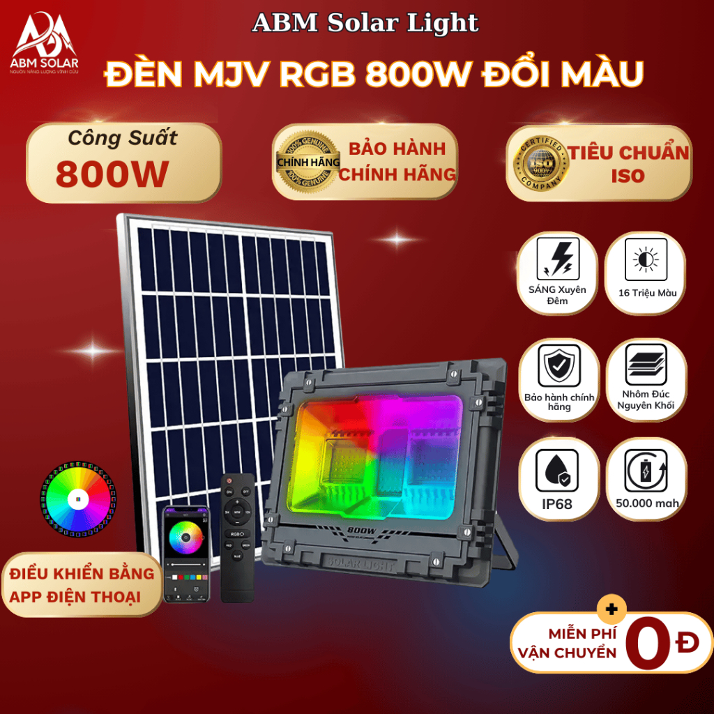 [800W] Đèn Pha Năng Lượng Mặt Trời Thay Đổi 16 Triệu Màu LED RGB, Kết Nối APP Điều Khiển Bằng Bluetooth, Chống Nước IP68