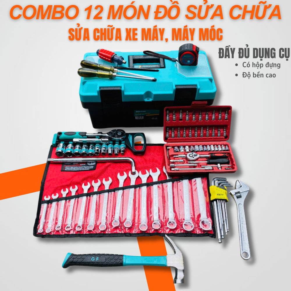 Combo 12 món (89pcs) đồ sửa chữa xe máy, máy móc: hộp đựng đồ, cle, mỏ lết, lục giác, tuýp, tô vít.. CM89pcs