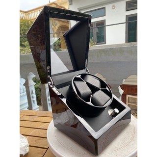 Hộp xoay đồng hồ cơ - Vỏ Gỗ Sơn Mài Đen Bóng - 4 chế độ xoay có đèn led - Mở lắp tự dừng