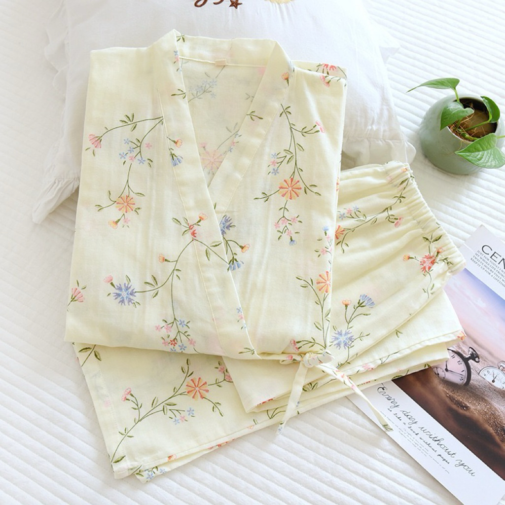 Bộ Đồ Ngủ Nữ Cotton Đũi Pha, Áo Choàng Dáng Kimono, Quần Dài Thoáng Mát
