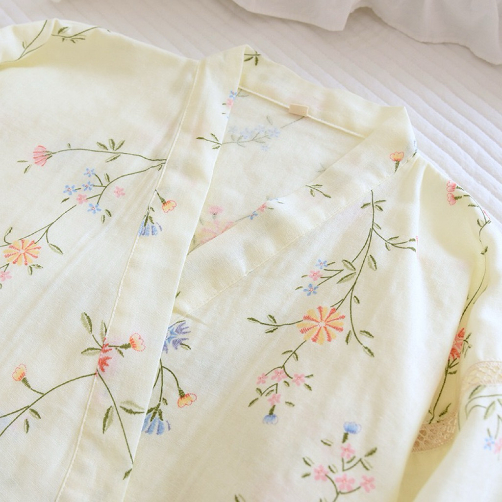 Bộ Đồ Ngủ Nữ Cotton Đũi Pha, Áo Choàng Dáng Kimono, Quần Dài Thoáng Mát