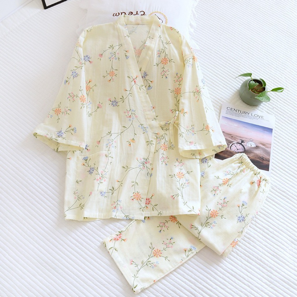 Bộ Đồ Ngủ Nữ Cotton Đũi Pha, Áo Choàng Dáng Kimono, Quần Dài Thoáng Mát