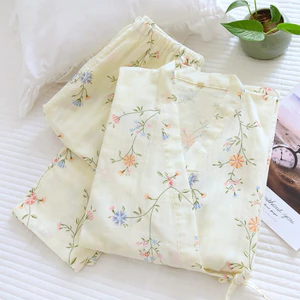 Bộ Đồ Ngủ Nữ Cotton Đũi Pha, Áo Choàng Dáng Kimono, Quần Dài Thoáng Mát