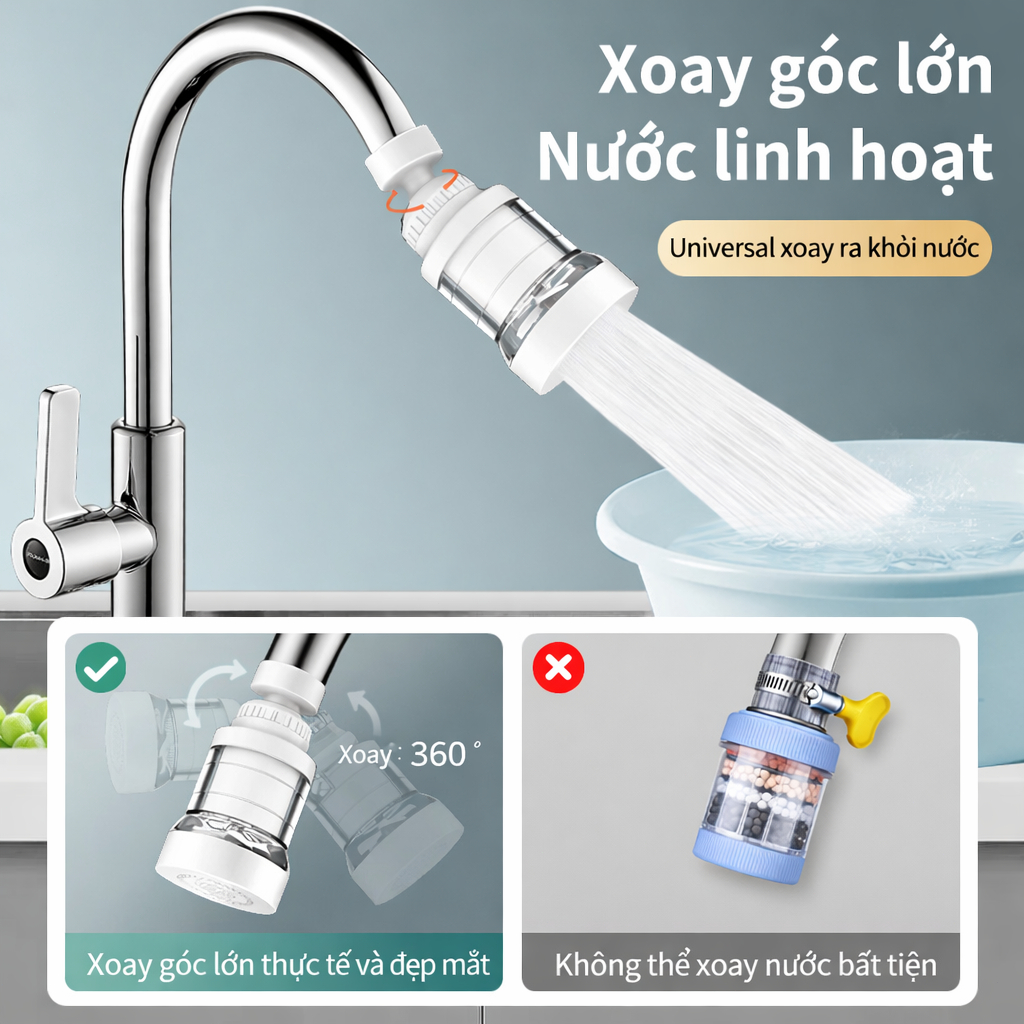 đầu vòi lọc nước tăng áp Xoay 360°- Tại Vòi Bếp Universal Lọc Nano Clo Rỉ Sét Vi Khuẩn Lắp Đơn Giản