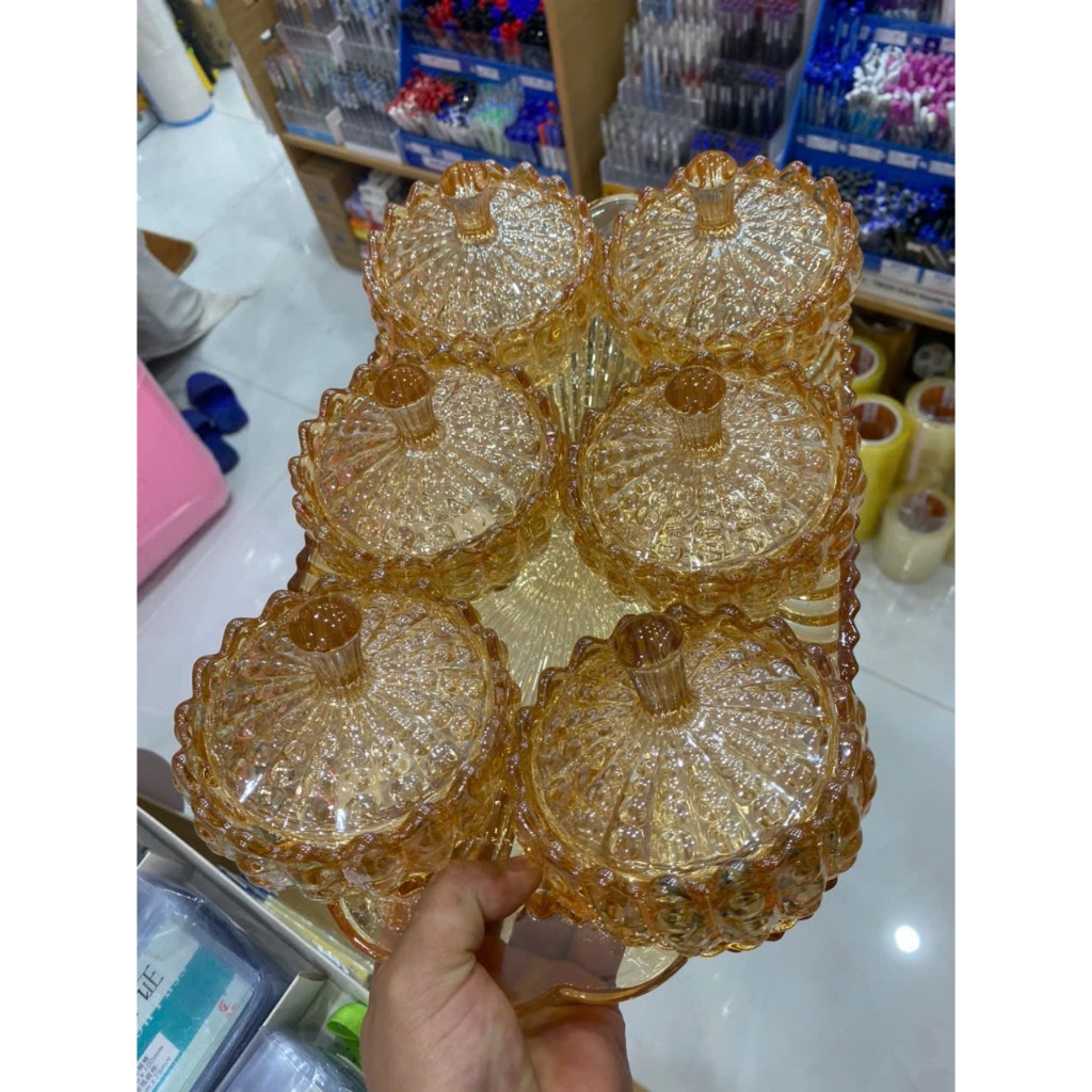 Com Bô 6 Hũ + Khay, Thủy Tinh Pha Lê Đựng Mứt, Đựng Bánh Kẹo Tết Họa Tiết  Sang Trọng