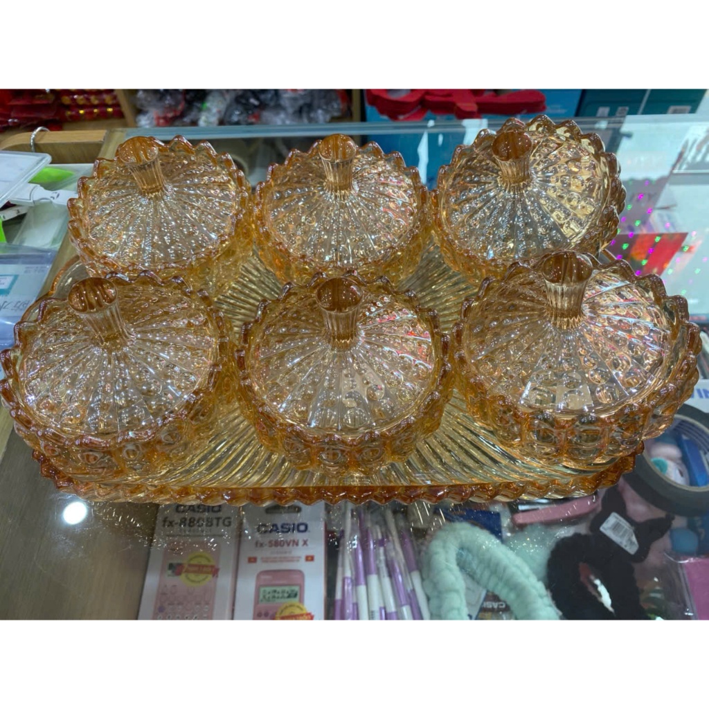 Com Bô 6 Hũ + Khay, Thủy Tinh Pha Lê Đựng Mứt, Đựng Bánh Kẹo Tết Họa Tiết  Sang Trọng