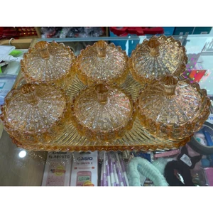 Com Bô 6 Hũ + Khay, Thủy Tinh Pha Lê Đựng Mứt, Đựng Bánh Kẹo Tết Họa Tiết Sang Trọng