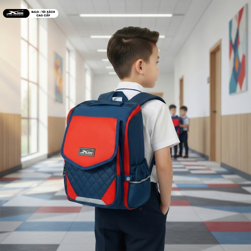 Balo Chống Gù Lưng Cho Bé Trai Cao Cấp Xbags Xb3106 Màu Đỏ Nổi Bật, Nhẹ Êm, Ngăn Chính Mở 180°!
