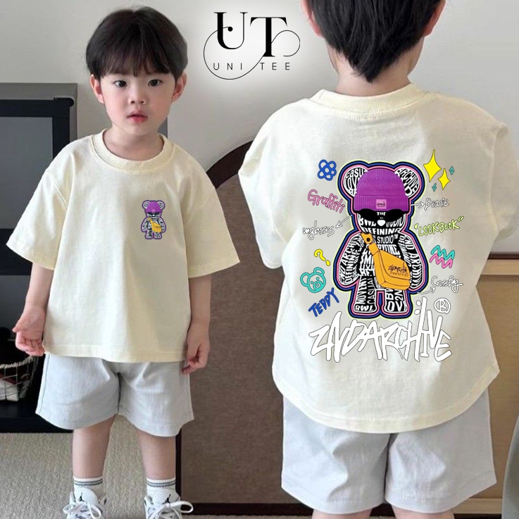 (9kg-110kg) Áo thun Unisex họa tiết gấu Bear Brick, co giãn 4 chiều, dễ vận động cho trẻ em, nam nữ - Uni Tee I U109