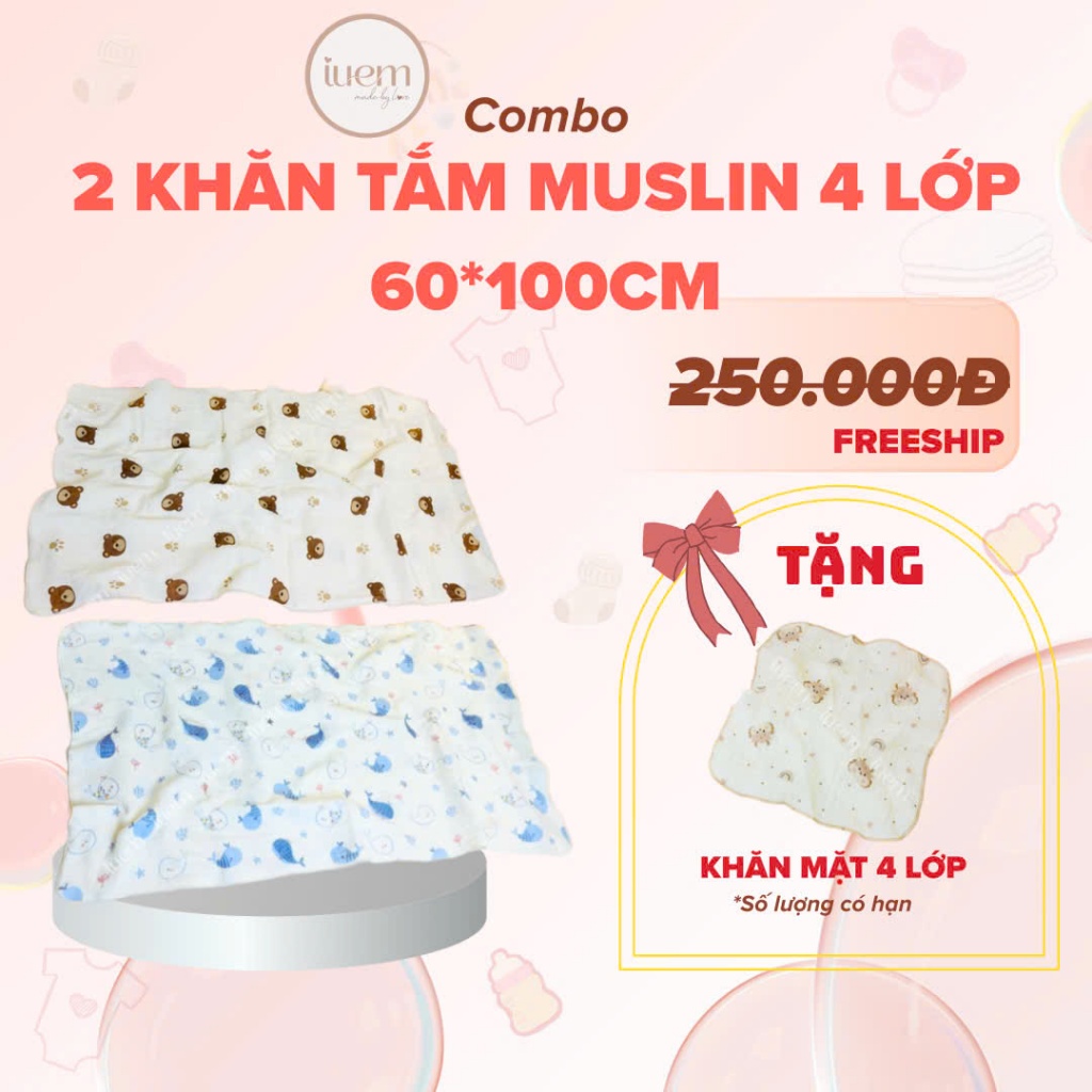 iuem (tặng 1 cái khăn mặt 4 lớp) Combo 2 khăn tắm 4 lớp xô muslin KHỔ VỪA 60*100cm (kt +-2cm)