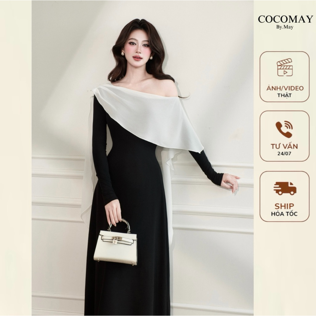 COCOMAY ÉCLAT NOIR DRESS - Đầm maxi thun phối tà lệch trắng chifon ...