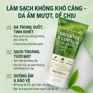 AWSOOYOR Sữa rửa mặt trà xanh rau má rửa trôi lớp kem chống nắng, da mềm mại không khô rát, kiểm soát dầu nhẹ nhàng