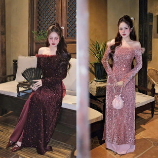 Áo dài dự tiệc cao cấp màu hồng sequin bắt sáng thiết kế trễ vai đính lông vũ kèm quần
