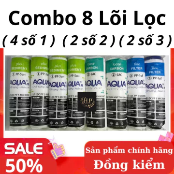 Combo 8 Lõi Lọc Nước 1-2-3 Chuẩn 10 Inch (4 Lõi Số 1, 2 Lõi Số 2, 2 Lõi Số 3). Dùng Cho: Karofi, Kangaroo, Sunhouse,...