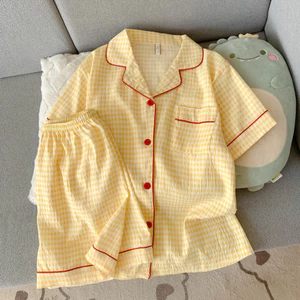 Đồ Ngủ Nữ Caro Vàng Phối Viền, Vải Cotton Đũi Mát, Quần Short