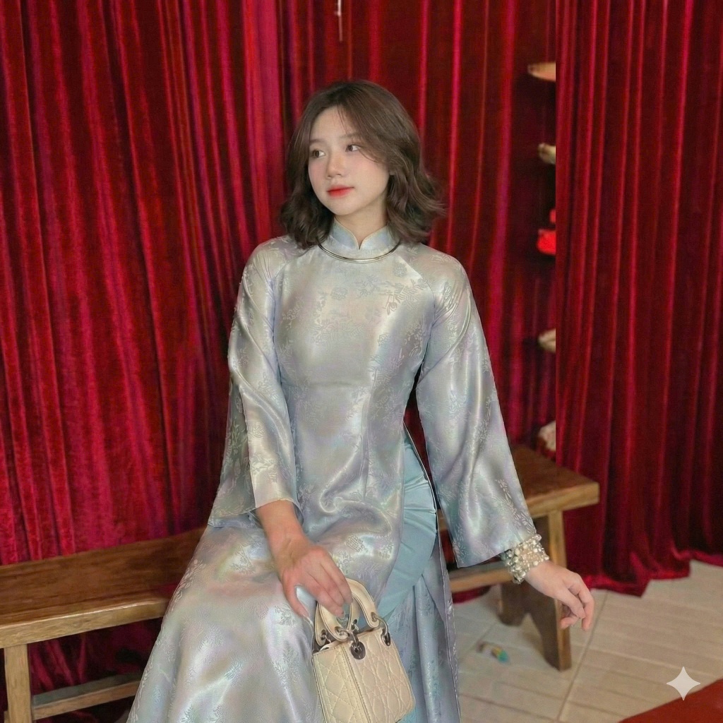 Set Áo dài cao cổ gấm trúc dài tay dáng ôm tà  dài sang trọng + Quần ống rộng chất lụa mỹ  lễ tết bê tráp ăn hỏi T1503G