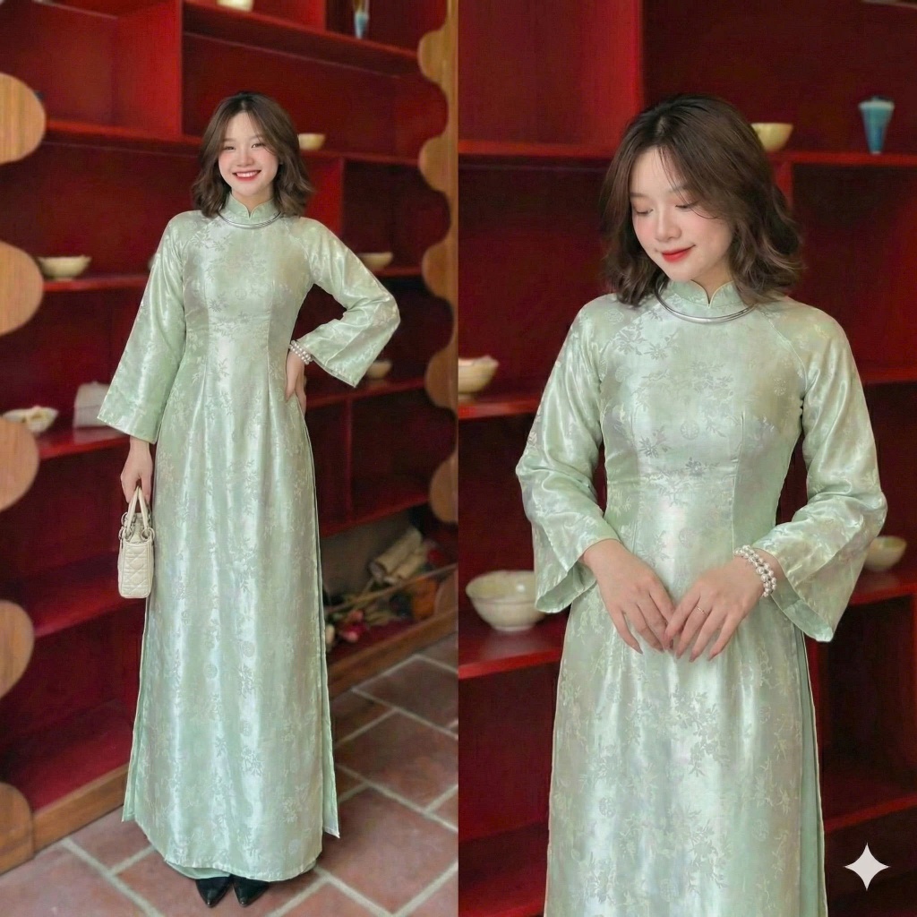 Set Áo dài cao cổ gấm trúc dài tay dáng ôm tà  dài sang trọng + Quần ống rộng chất lụa mỹ  lễ tết bê tráp ăn hỏi T1503G