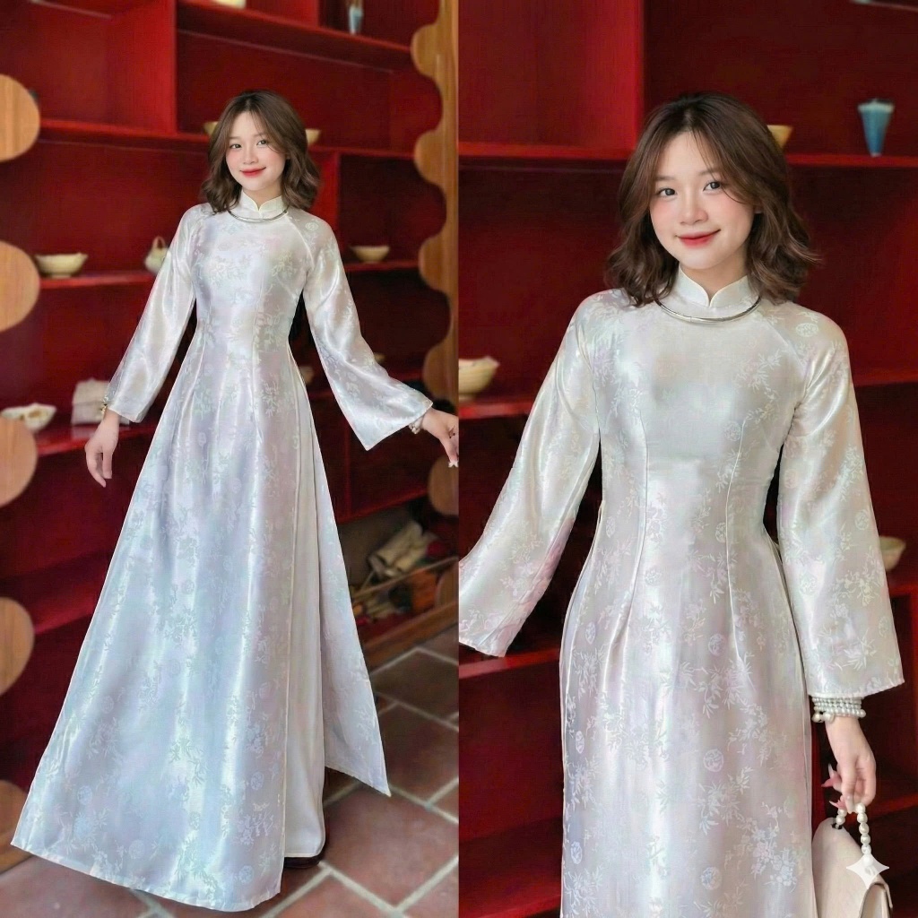 Set Áo dài cao cổ gấm trúc dài tay dáng ôm tà  dài sang trọng + Quần ống rộng chất lụa mỹ  lễ tết bê tráp ăn hỏi T1503G